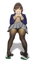 Rule 34 | 1girl, beige cardigan, blazer, blue jacket, blush, brown eyes, brown hair, brown pantyhose, cardigan, cellphone, closed mouth, collared shirt, feet, full body, grey skirt, highres, holding, holding phone, jacket, long sleeves, looking at phone, looking at viewer, miru tights, pantyhose, phone, pleated skirt, school uniform, shirt, shoes, unworn shoes, simple background, sitting, skirt, smartphone, solo, thighs, uwabaki, white shirt, yomu (sgt epper)