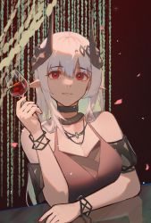 Rule 34 | 1girl, ambience synesthesia, arknights, arm under breasts, black bracelet, black collar, black shirt, breasts, cleavage, collar, cross, cross necklace, cup, demon girl, demon horns, drinking glass, grey hair, hair between eyes, hair ornament, highres, holding, holding cup, horns, infection monitor (arknights), jewelry, large breasts, long hair, looking at viewer, mudrock (arknights), mudrock (obsidian) (arknights), necklace, niino1123, official alternate costume, pointy ears, red background, red eyes, shirt, simple background, smile, solo, upper body, wine glass