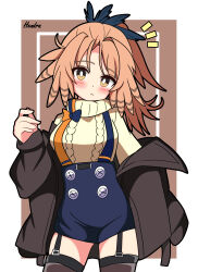 Rule 34 | 1girl, :&lt;, absurdres, arknights, arm at side, bird girl, black jacket, blue skirt, blush, border, brown background, brown thighhighs, buttons, cable knit, closed mouth, contrapposto, cowboy shot, dot nose, double-breasted, garter straps, hand up, head wings, hendra, high-waist skirt, highres, inset border, jacket, legs apart, long hair, long sleeves, off shoulder, open clothes, open jacket, orange hair, pinecone (arknights), ponytail, signature, skirt, sleeves past fingers, sleeves past wrists, solo, suspender skirt, suspenders, sweater, thighhighs, turtleneck, turtleneck sweater, white border, wings, yellow eyes, yellow sweater, zettai ryouiki