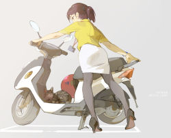 Rule 34 | black pantyhose, brown hair, cat, helmet, high heels, highres, id card, looking at another, looking down, looking up, motor vehicle, motorcycle, office lady, office lady taiwan, orange eyes, original, pantyhose, pencil skirt, ponytail, scooter, shirt, sitting, skirt, solo, tag, taiwan, tennohi, yellow shirt