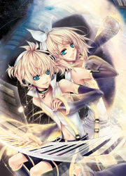 Rule 34 | 1boy, 1girl, aqua eyes, arm warmers, blonde hair, brother and sister, detached sleeves, hair ornament, hair ribbon, hairclip, headphones, highres, instrument, kagamine len, kagamine len (append), kagamine rin, kagamine rin (append), keyboard (instrument), leg warmers, ln, music, navel, ribbon, short hair, shorts, siblings, singing, smile, twins, vocaloid, vocaloid append