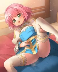 Rule 34 | 1girl, arch bishop (ragnarok online), blue dress, blush, braid, breasts, cleavage cutout, clothing cutout, commentary request, cross, dress, emurin, feet out of frame, french braid, frilled thighhighs, frills, green eyes, heart, heart-shaped pupils, highres, indoors, juliet sleeves, leg lift, long sleeves, looking at viewer, no anus, no panties, on bed, open mouth, partially visible vulva, pelvic curtain, pink hair, puffy sleeves, ragnarok online, sash, short hair, small breasts, solo, spread legs, symbol-shaped pupils, thighhighs, two-tone dress, white dress, white thighhighs, yellow sash