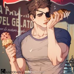 Rule 34 | 1boy, anderain, artist name, bara, black hair, blue shirt, brown eyes, eyepatch, food, food on clothes, grey shirt, holding, holding food, ice cream, ice cream cone, large pectorals, licking, licking hand, male focus, muscular, muscular male, ombra (anderain), one eye closed, original, pectorals, shirt, short hair, sideburns, solo, tongue, tongue out, two-tone shirt, upper body, weibo watermark