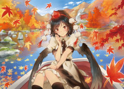 Rule 34 | architecture, autumn, autumn leaves, backlighting, bird wings, black bow, black bowtie, black hair, black legwear, black skirt, black wings, blouse, blue sky, blush, boat, bow, bowtie, bridge, canoe, closed mouth, cloud, cloudy sky, collared shirt, day, east asian architecture, feathered wings, feet out of frame, frills, furrowed brow, hand on lap, hand up, hat, head tilt, highres, leaf, looking at viewer, low wings, maple leaf, matsuda (matsukichi), moss, mountain, mountainous horizon, nature, outdoors, petticoat, pom pom (clothes), puffy short sleeves, puffy sleeves, red eyes, red hat, reflection, reflective water, river, rock, scenery, shameimaru aya, shirt, short hair, short sleeves, shy, sitting, skirt, sky, smile, solo, string, swept bangs, tassel, toe scrunch, tokin hat, touhou, tree, water, watercraft, waterfall, white shirt, wind, wing collar, wings