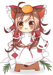 Rule 34 | 1girl, :3, animal ears, bow, brown hair, cat ears, cat girl, chibi, female focus, hair bow, hair tubes, hakurei reimu, japanese clothes, kagami mochi, new year, simple background, sleeves past wrists, solo, tosura-ayato, touhou, white background, yellow eyes