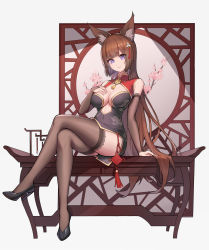 Rule 34 | 1girl, absurdres, alternate costume, amagi (azur lane), animal ear fluff, azur lane, black footwear, branch, breasts, brown hair, brown thighhighs, center opening, china dress, chinese clothes, chun zhuan, cleavage, cleavage cutout, clothing cutout, dress, full body, hand on own chest, high heels, highres, lace, lace-trimmed legwear, lace trim, legs, long hair, medium breasts, purple eyes, shoes, simple background, sitting, solo, taut clothes, taut dress, thighhighs, very long hair, white background