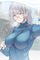 Rule 34 | 1girl, between breasts, blue sweater, blush, breasts, brown-framed eyewear, closed mouth, commentary request, glasses, green eyes, highres, holding, holding umbrella, hololive, large breasts, looking at viewer, ribbed sweater, semi-rimless eyewear, shirogane noel, short hair, smile, snow, solo, sweater, terebi (shimizu1996), turtleneck, turtleneck sweater, umbrella, under-rim eyewear, virtual youtuber, white hair