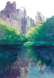 Rule 34 | artworksmil, building, central park (new york), city, new york, no humans, original, painting (medium), park, plant, realistic, reflection, reflective water, scenery, skyscraper, traditional media