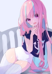 Rule 34 | 1girl, alternate costume, alternate hairstyle, anchor symbol, aoiro 0w0, arm support, blouse, blue shirt, casual, colored inner hair, cowboy shot, finger to mouth, grey background, grey thighhighs, headboard, highres, hololive, long hair, looking at viewer, minato aqua, multicolored hair, on bed, pencil skirt, pink eyes, ribbed legwear, shirt, simple background, skirt, solo, streaked hair, stream, striped clothes, striped thighhighs, thigh gap, thighhighs, thighs, two-tone hair, vertical-striped clothes, vertical-striped thighhighs, very long hair, virtual youtuber, wide hips