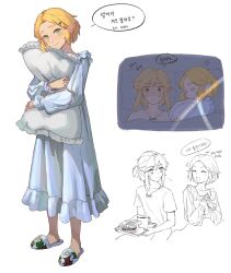 Rule 34 | 1boy, 1girl, :d, blush, coffee cup, collarbone, cup, disposable cup, dress, green dress, hair ornament, hairclip, highres, holding, holding pillow, lemonsam, link, long sleeves, lying, nintendo, hugging object, on back, open mouth, parted bangs, pillow, pillow hug, pointy ears, princess zelda, shirt, shoes, short sleeves, smile, speech bubble, the legend of zelda, the legend of zelda: breath of the wild, translation request, triforce print