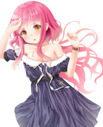 Rule 34 | 10s, 1girl, ahoge, bare shoulders, breasts, cleavage, clothes pull, cross, cross necklace, dress, dress pull, gakkou gurashi!, jewelry, kotomiracle, long hair, medium breasts, necklace, off shoulder, pink hair, sakura megumi, solo