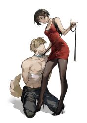 Rule 34 | 1boy, 1girl, ada wong, animal ears, bandaged chest, bandaged neck, bandages, bare shoulders, black footwear, black hair, black pants, black pantyhose, breasts, brown hair, choker, cleavage, collar, commentary, dog boy, dog ears, dog tail, dress, e (h798602056), english commentary, femdom, hair between eyes, high heels, highres, holding, leash, leon s. kennedy, medium breasts, pants, pantyhose, pumps, red dress, resident evil, resident evil 4, shoes, short hair, simple background, sleeveless, sleeveless dress, standing, stiletto heels, tail, topless male, white background