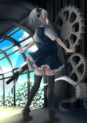 Rule 34 | 1girl, ankle boots, arched back, arms up, black footwear, black thighhighs, blue eyes, blue sky, boots, cloud, contrapposto, day, expressionless, frilled skirt, frills, from behind, gears, green skirt, green vest, highres, indoors, konpaku youmu, konpaku youmu (ghost), looking at viewer, looking back, pegashi, petticoat, railing, scabbard, sheath, shirt, short hair, short sleeves, silver hair, skirt, sky, solo, standing, thighhighs, touhou, vest, white shirt