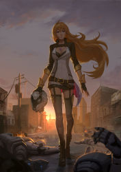 Rule 34 | &gt;:/, 1girl, :/, ahoge, ak-200, android, ankle boots, atlesian knight 200, belt, belt boots, black gloves, blonde hair, boots, breasts, building, car, cleavage, fingerless gloves, fire, garter straps, gloves, highres, holding, jewelry, large breasts, long hair, motor vehicle, necklace, outdoors, power lines, purple eyes, puz lee, realistic, road, rwby, severed head, skirt, street, sunset, thighhighs, v-shaped eyebrows, vehicle, very long hair, yang xiao long