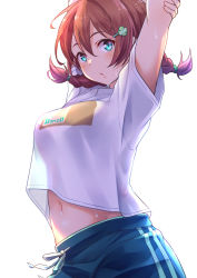 Rule 34 | 1girl, aqua eyes, arms up, blue shorts, blush, braid, breasts, brown hair, clover hair ornament, commentary request, cowboy shot, emma verde, four-leaf clover hair ornament, hair ornament, highres, kanabun, large breasts, long hair, looking at viewer, love live!, love live! nijigasaki high school idol club, midriff peek, navel, parted lips, see-through silhouette, shirt, short sleeves, shorts, solo, stretching, twin braids, white shirt