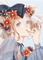 Rule 34 | 1girl, arm up, black bow, black flower, black ribbon, blonde hair, blue eyes, bow, drill hair, eyelashes, flower, grey shirt, hair bow, hair flower, hair ornament, headpiece, highres, jewelry, long sleeves, looking at viewer, medium hair, multiple rings, neck ribbon, orange flower, original, parted lips, pink nails, portrait, puffy long sleeves, puffy sleeves, ribbon, ring, shirt, sidelocks, tamiura 0422, twin drills, veil, yellow flower