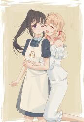 Rule 34 | 2girls, apron, black hair, blonde hair, blue dress, blush, border, brown background, cheek-to-cheek, closed eyes, closed mouth, commentary, dress, english commentary, hand on another&#039;s hand, heads together, highres, hug, hug from behind, inoue takina, long hair, lycoris recoil, lycoris uniform, multiple girls, nishikigi chisato, off-shoulder shirt, off shoulder, one eye closed, open mouth, pants, ponytail, purple eyes, rokilly, shirt, short sleeves, smile, twintails, white apron, white border, white pants, white shirt, yuri