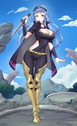 Rule 34 | 1girl, alternate costume, armored boots, black bodysuit, blue hair, blue hairband, blue sky, bodysuit, boots, breasts, brown eyes, cleavage, closed mouth, clothing cutout, cloud, commentary, commission, cosplay, covered navel, english commentary, fire emblem, fire emblem: three houses, fire emblem engage, fire emblem warriors: three hopes, full body, gluteal fold, hairband, highres, holding, holding weapon, igni tion, lace-trimmed hairband, lace trim, large breasts, long hair, looking at viewer, marianne von edmund, nintendo, official alternate hairstyle, outdoors, sky, smile, solo, weapon, yellow footwear, yunaka (fire emblem), yunaka (fire emblem) (cosplay)