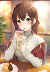 Rule 34 | 1girl, absurdres, blush, brown hair, chair, closed mouth, coffee, cup, disposable cup, drinking, drinking straw, drinking straw in mouth, food, green eyes, hair between eyes, hair ornament, highres, indoors, long sleeves, looking at viewer, medium hair, original, pastry, plaid, plaid scarf, plant, plate, scarf, shirt, sitting, solo, sweater, table, turtleneck, turtleneck sweater, white shirt, window, yukiunag1
