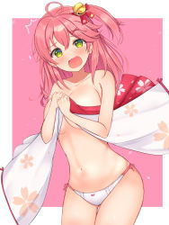 Rule 34 | 1girl, ahoge, bare shoulders, bell, blush, breasts, cherry blossom print, collarbone, covering privates, covering breasts, floral print, green eyes, hair bell, hair ornament, hairclip, highres, hololive, long hair, looking at viewer, mi taro333, navel, one side up, open mouth, panties, pink background, pink hair, sakura miko, sakura miko (1st costume), solo, tears, underboob, underwear, virtual youtuber, white panties