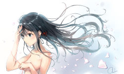 Rule 34 | 1girl, absurdres, black hair, blue eyes, breasts, collarbone, commentary request, completely nude, from side, highres, long hair, nude, okaki wtvc3785, ribbon, signature, small breasts, solo, upper body, yahari ore no seishun lovecome wa machigatteiru., yukinoshita yukino