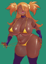 Rule 34 | 1girl, absurdres, akimichi chouchou, artist request, bikini, blush, boruto: naruto next generations, breasts, choker, cleavage, dark-skinned female, dark skin, fkf, highres, large breasts, lips, lipstick, looking at viewer, makeup, nail polish, naruto (series), orange eyes, orange hair, pink lips, plump, swimsuit, tagme, thick thighs, thighhighs, thighs, tongue, tongue out, wide hips, yellow bikini, yellow nails