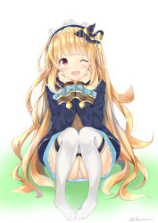Rule 34 | 1girl, ;d, absurdres, arm support, bad id, bad pixiv id, blonde hair, blue jacket, blue skirt, blush, brown shirt, cagliostro (granblue fantasy), cagliostro (youthful uniform) (granblue fantasy), commentary request, full body, granblue fantasy, highres, jacket, long hair, long sleeves, no shoes, one eye closed, open mouth, panties, pantyshot, purple eyes, sashima, shirt, sitting, skirt, smile, solo, teeth, thighhighs, twitter username, underwear, upper teeth only, very long hair, white panties, white thighhighs, wide sleeves