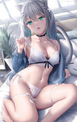Rule 34 | 1girl, :o, animal ears, aqua hair, bed, bell, bra, bra pull, breasts, cat ears, cat girl, cat tail, choker, clothes pull, fangs, foot out of frame, green eyes, grey hair, hair ornament, hairclip, highres, jacket, jingle bell, long hair, medium breasts, mhru, multicolored hair, off shoulder, on bed, open mouth, original, panties, pillow, plant, side-tie panties, solo, sunlight, tail, teeth, thigh strap, twintails, two-tone hair, underwear, underwear only, upper teeth only, very long hair, white bra, white panties, window