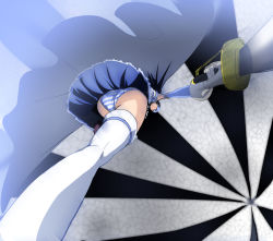 Rule 34 | 10s, ass, battle, blue hair, cape, foreshortening, from below, gloves, highres, magical girl, mahou shoujo madoka magica, mahou shoujo madoka magica (anime), miki sayaka, panties, shino (comic penguin club), solo, striped clothes, striped panties, sword, thighhighs, underwear, weapon, white gloves, white thighhighs, witch&#039;s labyrinth