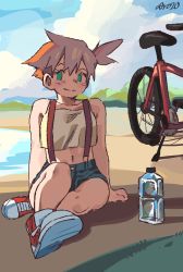 Rule 34 | 1girl, absurdres, asymmetrical hair, bare arms, bare legs, bicycle, blush, bottle, breasts, closed mouth, cowboy shot, creatures (company), denim, denim shorts, game freak, green eyes, gym leader, hair between eyes, highres, legs, looking at viewer, misty (pokemon), navel, nintendo, orange hair, pokemon, pokemon (anime), pokemon (classic anime), ponytail, shiny skin, shirt, shoes, short hair, short ponytail, short shorts, shorts, side ponytail, smile, solo, suspenders, tank top, thighs, whoopsatro, yellow shirt
