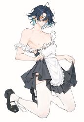 Rule 34 | 1boy, arknights, blue hair, chuan04826, clothes lift, cuffs, full body, handcuffs, highres, holding, holding clothes, holding skirt, lumen (arknights), maid, male focus, nipples, orange eyes, pointy ears, short hair, simple background, skirt, skirt lift, solo, thighhighs, toned, toned male, white background