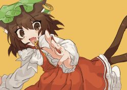Rule 34 | 1girl, absurdres, animal ears, brown eyes, brown hair, cat ears, cat tail, chen, dress, earrings, highres, jewelry, kotudui7, long sleeves, looking at viewer, multiple tails, open mouth, red dress, smile, solo, tail, touhou, two tails, yellow background