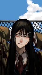 Rule 34 | 1girl, aegyo sal, black hair, black sweater, blood, blood on clothes, blood on face, brown jacket, chain-link fence, choppy bangs, closed mouth, cloud, commentary, cumulonimbus cloud, english text, fence, grey eyes, hair ornament, hairclip, hands up, hashtag-only commentary, highres, hoshi san 3, jacket, long hair, looking at viewer, necktie, original, outdoors, red necktie, school uniform, sky, solo, sweater, upper body