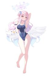Rule 34 | 1girl, absurdres, angel wings, armpits, bare arms, bare shoulders, barefoot, black one-piece swimsuit, blue archive, blush, breasts, cleavage, closed mouth, collarbone, competition swimsuit, covered navel, crescent, crescent pin, feathered wings, flower, hair flower, hair ornament, halo, highres, kurumi lm, large breasts, long hair, mika (blue archive), one-piece swimsuit, pink hair, pink halo, purple flower, simple background, smile, solo, swimsuit, toes, white background, white wings, wings, yellow eyes