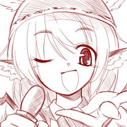 Rule 34 | 1girl, animal ears, female focus, hat, microphone, monochrome, mystia lorelei, one eye closed, open mouth, outstretched hand, portrait, short hair, smile, solo, touhou, wings
