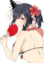 Rule 34 | 1girl, alternate costume, alternate hairstyle, asakawa (outeq), bare shoulders, bikini, black hair, blush, breasts, commentary request, fingernails, flower, from behind, hair between eyes, hair flower, hair ornament, hair ribbon, hand fan, hand on own neck, highres, holding, holding fan, jewelry, kantai collection, large breasts, looking at viewer, looking back, medium hair, parted lips, pink ribbon, red eyes, ribbon, ring, short ponytail, sidelocks, simple background, solo, swimsuit, upper body, wedding band, white background, yamashiro (kancolle)
