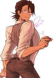 Rule 34 | 10s, 1boy, :3, bad id, bad pixiv id, blush, brown eyes, brown hair, bug, butterfly, chalk, glasses, insect, kaburagi t. kotetsu, male focus, oioi, pants, short hair, simple background, smile, solo, tiger &amp; bunny, vest, waistcoat