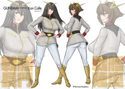 Rule 34 | 10s, 2girls, alternate costume, ass, belt, black hair, boots, breasts, brown eyes, brown hair, commentary request, english text, from behind, frown, full body, gundam, hairband, hands on own hips, highres, ice (seriousgraphics), jacket, kantai collection, kneepits, long hair, long sleeves, medium breasts, military, military jacket, military uniform, mobile suit gundam, multiple girls, mutsu (kancolle), nagato (kancolle), outline, pants, shiny clothes, short hair, smile, taut clothes, title, uniform, watermark