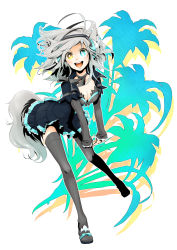 Rule 34 | 1girl, animal ears, breasts, cleavage, female focus, full body, grey hair, headphones, heterochromia, highres, legs, open mouth, original, plastick, smile, solo, tail, thighhighs, wolf ears, wolf tail, zettai ryouiki