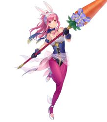 Rule 34 | 1girl, animal ears, artist request, bare shoulders, breasts, choker, closed mouth, collarbone, fake animal ears, fire emblem, fire emblem: the sacred stones, fire emblem heroes, full body, gloves, high heels, highres, holding, holding weapon, leg up, leotard, long hair, marisa (fire emblem), medium breasts, nintendo, official art, pantyhose, pink hair, polearm, purple eyes, rabbit ears, see-through, shiny clothes, solo, spear, transparent background, weapon, white footwear