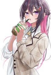 Rule 34 | 1girl, absurdres, asymmetrical sleeves, azki (4th costume) (hololive), azki (hololive), black hair, blush, braid, breasts, brown coat, c1p122, coat, colored inner hair, commentary, commission, cup, drink, drinking straw, fang, french braid, hair between eyes, hair ornament, hairclip, highres, holding, holding cup, hololive, long hair, long sleeves, looking at viewer, medium breasts, mole, mole under eye, multicolored coat, multicolored hair, nail polish, official alternate costume, open mouth, pink hair, pink nails, pixiv commission, purple eyes, simple background, solo, standing, streaked hair, two-tone coat, virtual youtuber, white background, white coat, white hair, wing collar