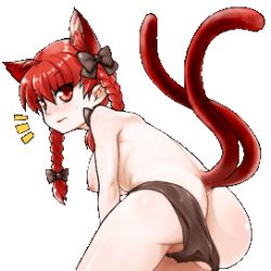 Rule 34 | 1girl, animal ears, ass, blush, bow, braid, breasts, brown panties, cat ears, cat girl, cat tail, extra ears, female focus, from behind, hair bow, kaenbyou rin, long hair, looking back, lowres, multiple tails, nipples, oekaki, panties, panty pull, phenne, red eyes, red hair, solo, ^^^, tail, touhou, transparent background, twin braids, twintails, underwear, underwear only