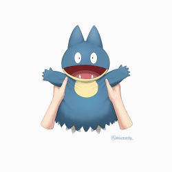 Rule 34 | black eyes, claws, commentary request, creatures (company), disembodied hand, fangs, game freak, gen 4 pokemon, highres, holding, holding pokemon, looking at viewer, munchlax, nintendo, open mouth, pokemon, pokemon (creature), tongue, twitter username, waomonkey, white background