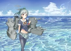 Rule 34 | 10s, 1girl, aqua bow, black pantyhose, blush, bow, cloud, cloudy sky, day, green hair, green skirt, hair bow, horizon, kantai collection, lens flare, looking at viewer, looking to the side, machinery, midriff, navel, ocean, outdoors, pantyhose, pleated skirt, ponytail, ruma imaginary, school uniform, serafuku, short hair, short sleeves, skirt, sky, solo, turret, water, wind, wind lift, wristband, yuubari (kancolle)