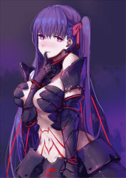 Rule 34 | 1girl, armor, berserker (fate/zero), berserker (fate/zero) (cosplay), between breasts, bikini armor, breasts, closed mouth, cosplay, crack, fate/kaleid liner prisma illya, fate (series), faulds, finger to mouth, gauntlets, gorget, hair ribbon, hfp~kubiao, highres, long hair, looking at viewer, matou sakura, medium breasts, navel, no headwear, purple background, purple eyes, purple hair, purple theme, red lips, red ribbon, ribbon, solo, spoilers, stomach, tattoo, upper body, very long hair