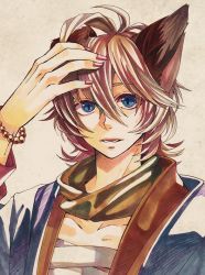 Rule 34 | 1girl, animal ears, bad id, bad pixiv id, bandages, blonde hair, blue eyes, bracelet, fox ears, hand on own ear, hand on own head, jewelry, looking at viewer, marker (medium), nail polish, open clothes, open mouth, open shirt, original, pink nails, pulling own ear, scarf, shirt, short hair, solo, traditional media, yamako (state of children)