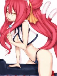 Rule 34 | 1girl, arc system works, bare shoulders, blazblue, blazblue: calamity trigger, breasts, candy, cleavage, covered erect nipples, food, fumio (rsqkr), glasses, iron tager, kokonoe (blazblue), lollipop, long hair, medium breasts, red hair, solo, straddling, yellow eyes