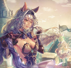Rule 34 | 1girl, animal ears, backless outfit, braid, braided ponytail, breasts, erune, granblue fantasy, heles, highres, hitohanoha, long hair, medium breasts, parted lips, post guild war celebration, solo, very long hair, yellow eyes