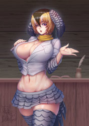 Rule 34 | 1girl, adapted costume, alternate breast size, animal print, bird print, bird tail, blackmoon, blonde hair, breast pocket, breasts, brown hair, buttons, campo flicker (kemono friends), cleavage, counter, crop top, cropped jacket, feathers, glasses, grey hair, hair between eyes, hand on own chest, hands up, highres, huge breasts, indoors, jacket, kemono friends, layered sleeves, long sleeves, looking at viewer, lowleg, lowleg skirt, medium hair, microskirt, midriff, multicolored hair, navel, no bra, open mouth, outstretched hand, pocket, print skirt, print sleeves, print thighhighs, purple eyes, scarf, short over long sleeves, short sleeves, signature, skindentation, skirt, solo, stomach, tail, thighhighs, undersized clothes, white hair