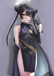 Rule 34 | 1girl, absurdres, black dress, black gloves, black hair, black jacket, blue archive, breasts, butterfly hair ornament, china dress, chinese clothes, double bun, dragon print, dress, erorange, gloves, grey background, grey eyes, hair bun, hair ornament, halo, highres, jacket, kisaki (blue archive), long hair, looking at viewer, print dress, simple background, sleeveless, sleeveless dress, small breasts, solo, standing, striped clothes, striped jacket, thighs, twintails, vertical-striped clothes, vertical-striped jacket